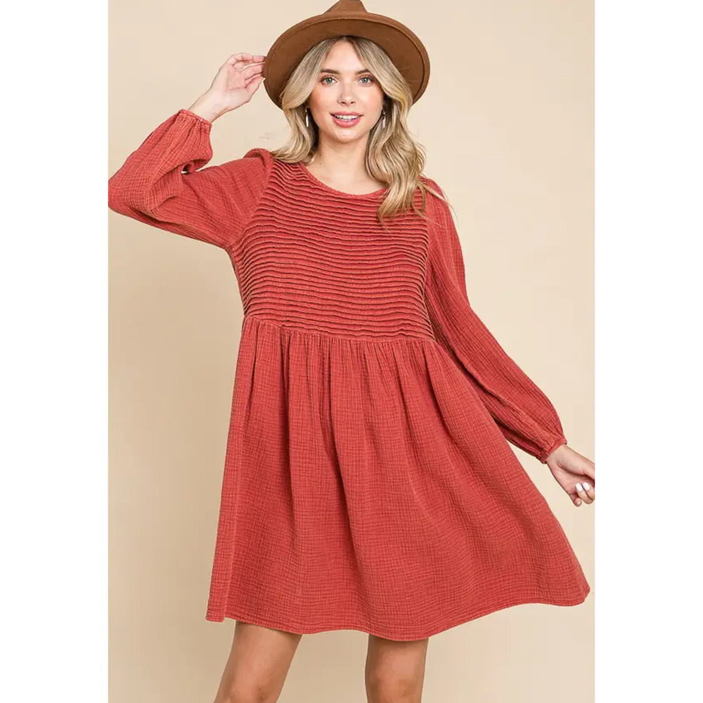 OTT Rust Orange Pintuck Crinkle‎ Long Sleeve Bohemian Dress Womans Size Large